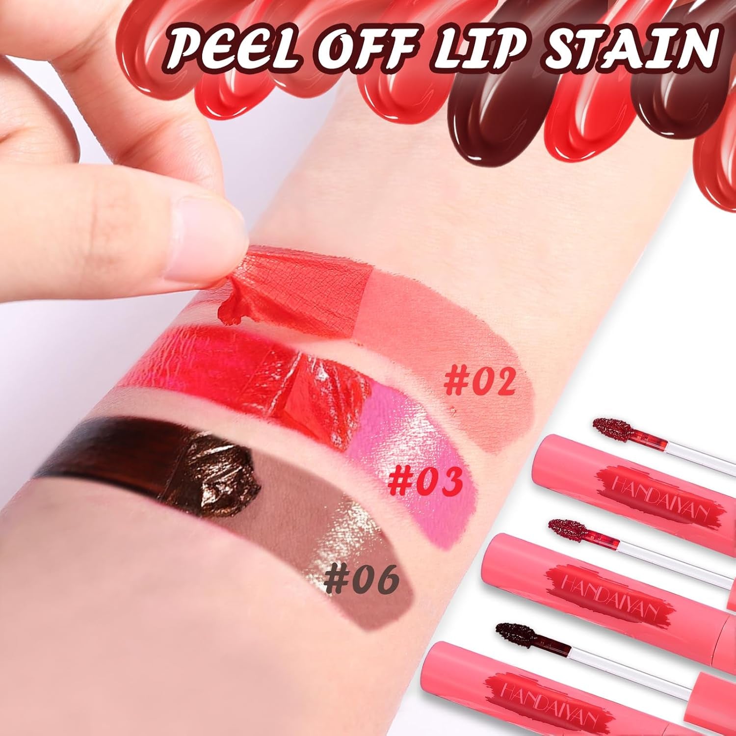 3Pcs Peel off Lip Stain, Long-Lasting Lip Tint Stain Smooth and Matte Lip Tint, Water-Resistant Lip Liner Stain Non-Greasy Lip Tint Stain Peel Off